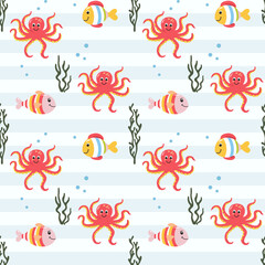 Seamless pattern with baby octopus. Cute marine animals. Colorful background with underwater characters.