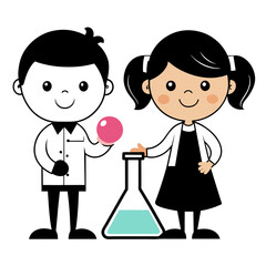 Playful Kids with Chemistry Flask Cartoon Illustration on White