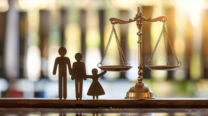 A representation of family law featuring a silhouette of a family holding hands next to a balanced scale of justice, set against a warmly lit, blurred background