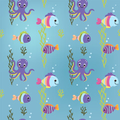 Seamless pattern with cute marine animals. Cartoon sea ornament. Colorful background with ocean underwater characters.