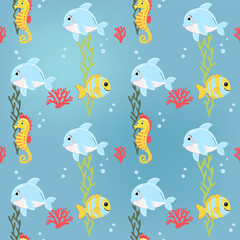 Naklejka premium Seamless pattern with octopus, fish, crab. Cute marine animals. Cartoon sea. Colorful background with underwater characters.