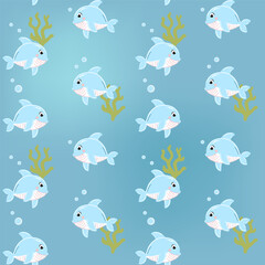 Seamless pattern with baby dolphin. Cute marine animals. Colorful background with underwater characters.