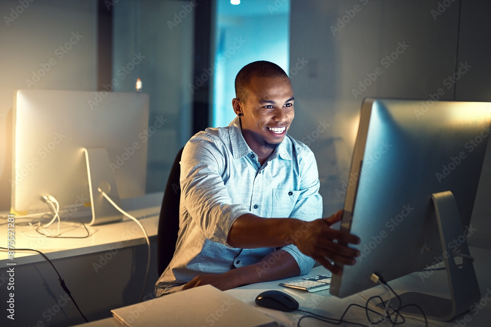Poster computer, creative and web design with developer man in office at night for programming or research.