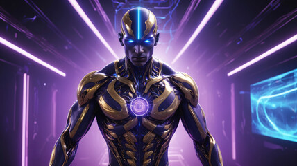 Golden Muscular Male AI Cyborg with Blue glowing neon light in the background. AI generativ.