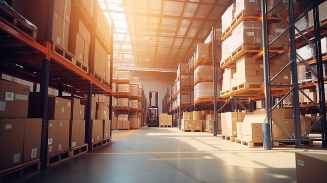 Retail warehouse full of shelves with goods in cartons, with pallets and forklifts. Logistics and transportation blurred background. Product distribution center. - Powered by Adobe