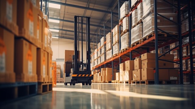 Retail warehouse full of shelves with goods in cartons, with pallets and forklifts. Logistics and transportation blurred background. Product distribution center.