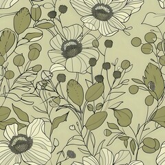 Vintage Inspired Olive Green 60s Style Floral Wallpaper Pattern