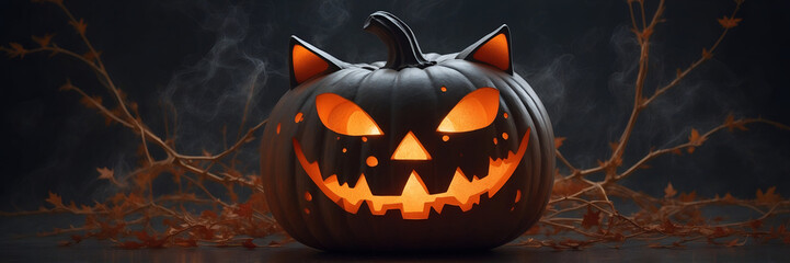 Black Halloween Pumpkin with Glowing Eyes and Smile, great for a spooky autumn vibe