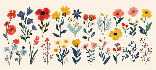 A collection of various colorful, hand-drawn flowers arranged in a horizontal layout