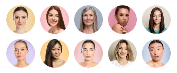 Many beautiful women of different races and ages. Collage of portraits