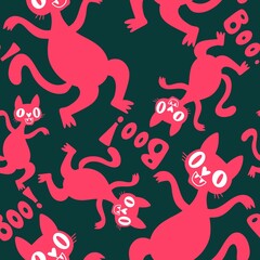 Halloween animals seamless cats and pumpkins pattern for wrapping paper