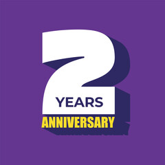 2 years anniversary logo vector illustration on purple background. 2nd anniversary greeting card, poster, banner, flyer. Modern typography sticker for birthday celebration.