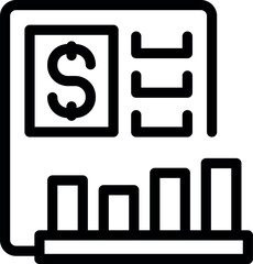 Line art icon of a financial report showing growing bars chart and dollar sign