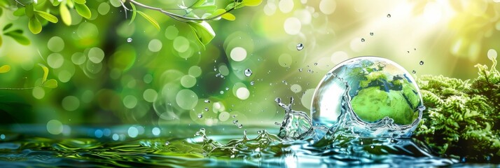 World Water Week. Horizontal banner. Blue drop of water symbolizing planet earth on a green background. Save water and environment concept. Climate change problem. Free space for text