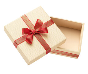 square-shaped beige gift box with red ribbon bow, open with the lid placed beside it, isolated on transparent background. Perfect for showcasing gifts, special occasions,elegant packaging solutions