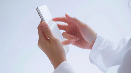 白いスマホを操作する手元のクローズアップ