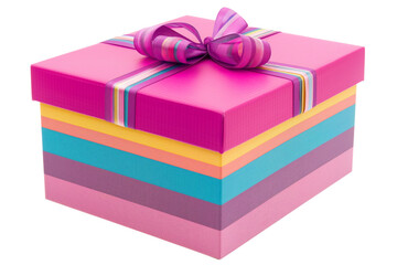 Fototapeta premium A vibrant square-shaped gift box with colorful stripes and a matching ribbon, isolated on a transparent background. Perfect for birthdays, celebrations, and festive occasions