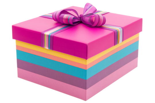 A vibrant square-shaped gift box with colorful stripes and a matching ribbon, isolated on a transparent background. Perfect for birthdays, celebrations, and festive occasions
