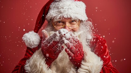 Santa blowing snow at camera on red christmas backdrop, close up view for festive holiday season