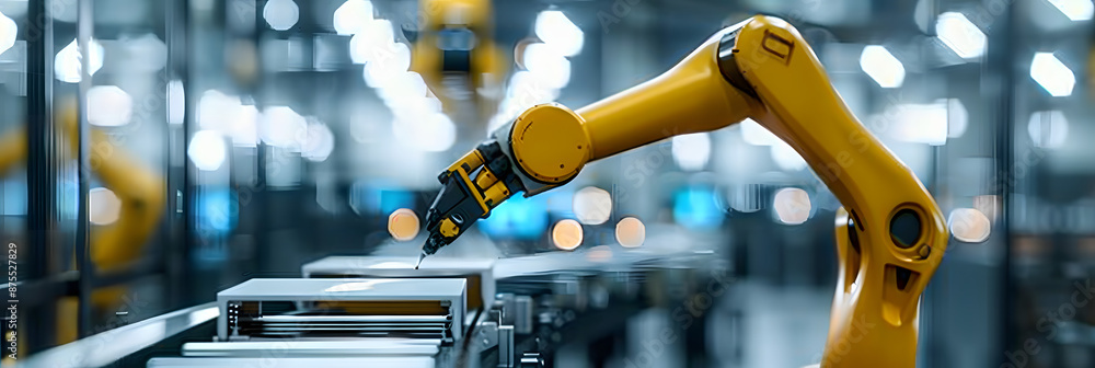 Poster robotic arm in industrial setting automating assembly line in manufacturing facility. concept roboti