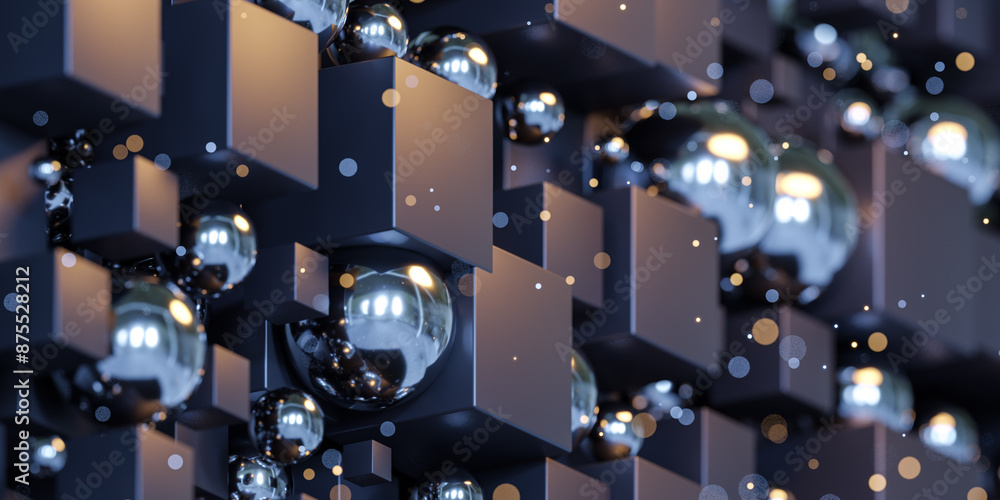 Poster shiny spheres resting on a patterned black cube surface 3d render illustration