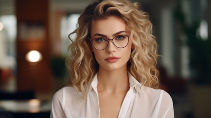 Young adult stylish confident attractive smiling blonde European business woman, beautiful lady pretty model with curly blond hair wearing glasses looking at camera, close up face portrait indoors.