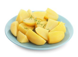 Boiled potatoes and microgreens isolated on white