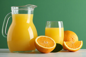 Tasty orange juice, fresh fruits and green leaf on white wooden table