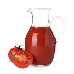 Tasty tomato juice in glass jug and fresh vegetables isolated on white