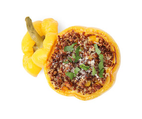 Quinoa stuffed bell pepper with corn isolated on white, top view
