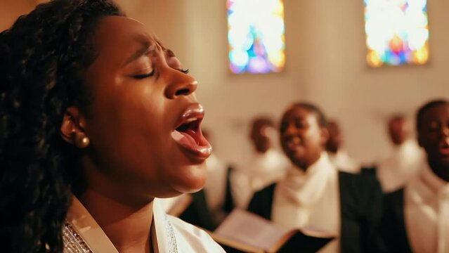Gospel singer woman singing at a church