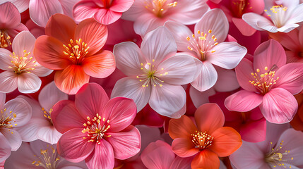 Closeup of pink blossoms and green leaves in a spring garden.A