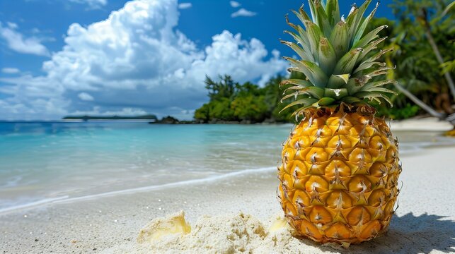 juicy pineapple on a sand, vacation on a tropical paradise ocean beach