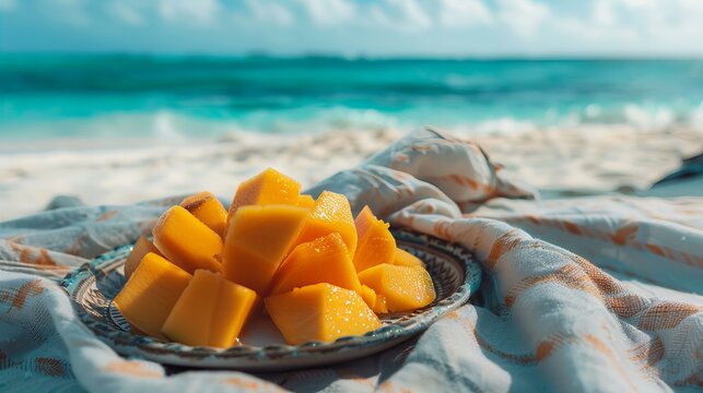 sliced juicy mango on a plate on a blanket, vacation on a tropical paradise ocean beach, 8k