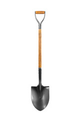 Metal shovel with wooden handle isolated on white