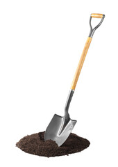 Metal shovel with wooden handle and pile of soil isolated on white
