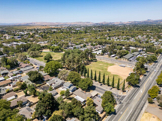 A view over a suburban neighborhood with a large park in Fairfield, California
