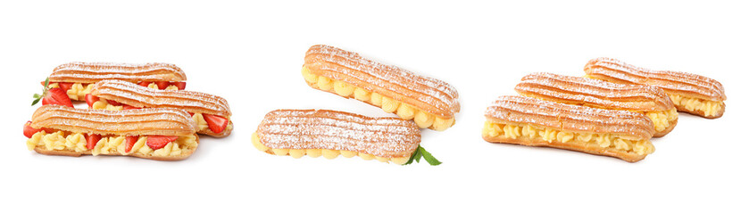 Different tasty eclairs with cream isolated on white, set