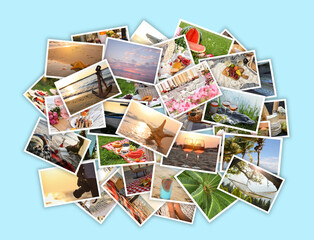 Precious summer moments. Many different photos on light blue background