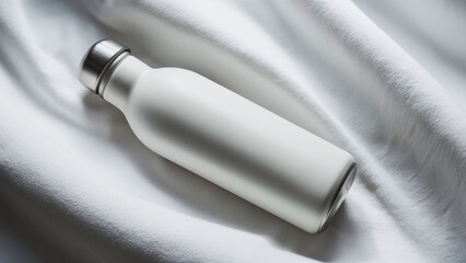 sleek blank minimalist white stainless steel bottle on white background, put your logo, professional mockup