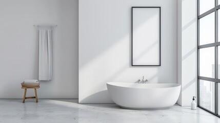 Fototapeta premium A white bathroom with a bathtub and a towel rack. Generate AI image