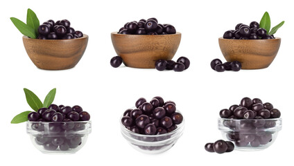 Set of acai berries in bowls isolated on white