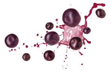 Acai berries and splash of juice in air on white background