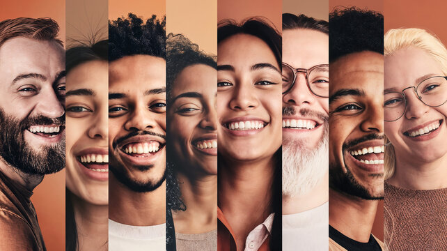 A montage of a happy diverse group of smiling people&rsquo;s faces