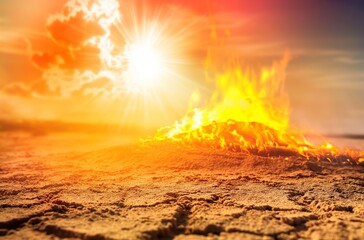 Burning hot sun over dry desert