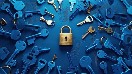Fototapeta premium Conceptual Security Image, Blue Keys and Gold Padlock