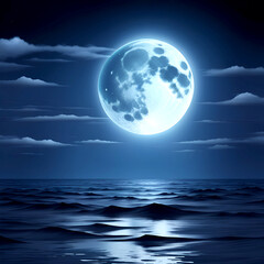 A full moon floating in the sea of night and deep blue sky with strong waves