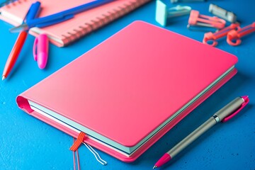 Pink notebook and pens on a blue background with desk accessories, perfect for a web banner with copy space.