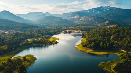 An aerial shot of a scenic location taken by a drone with copy space