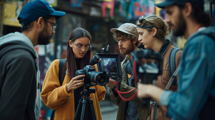 A diverse group of photographers sharing their portfolios and discussing techniques with copy space